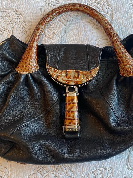 Fendi Handbags - Fendi Black Leather Shoulder Bag with Brown Croc-Embossed Trim